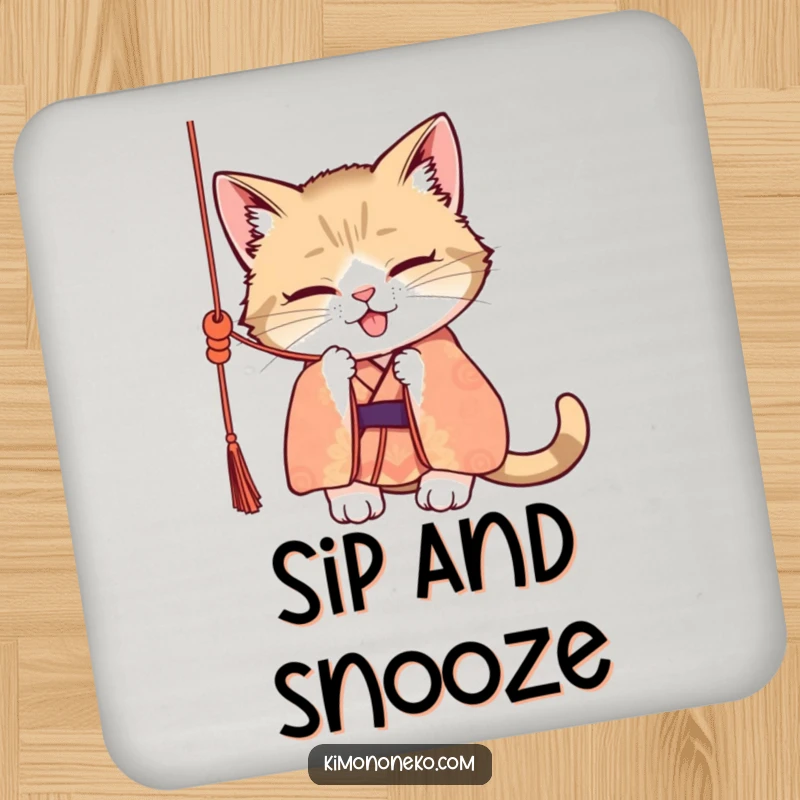 Funny drink coaster featuring a mischievous cat in a patterned kimono, playfully batting at a dangling silk cord, adding a touch of humor to your table.