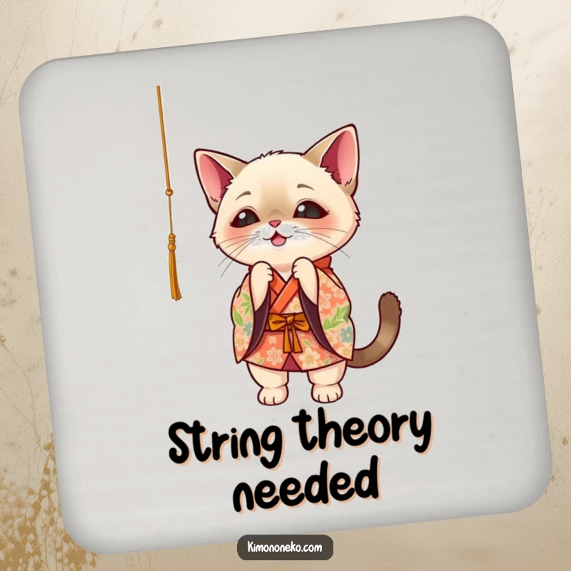 Funny Siamese cat in floral kimono, playfully batting at a dangling string, kawaii style coaster.