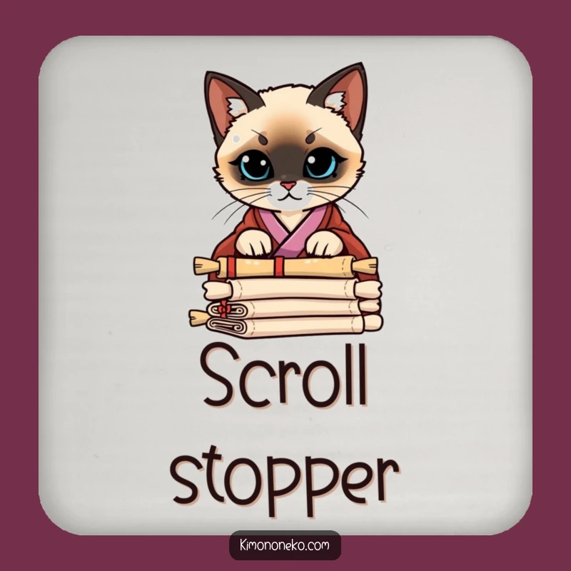 Protect your surfaces with a hint of mystery using this funny coaster, featuring a Siamese cat in a stylish kimono peeking over scrolls. Adds charm to any table.