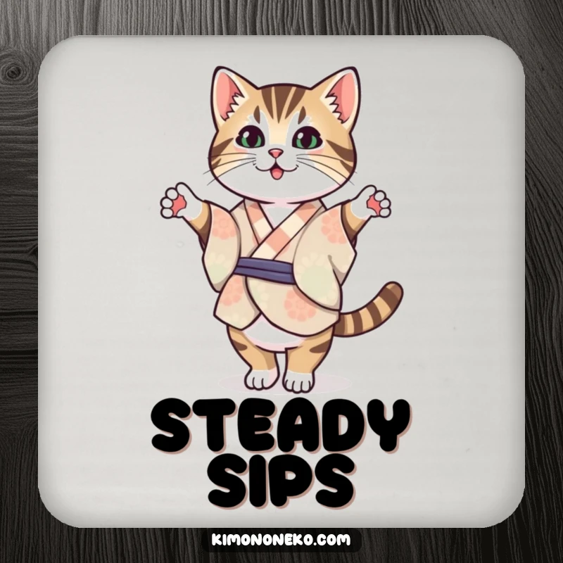 Funny Tabby Cat Kimono Coaster: A Kawaii tabby cat in a patterned kimono balancing on its hind legs, adding humor to coasters.
