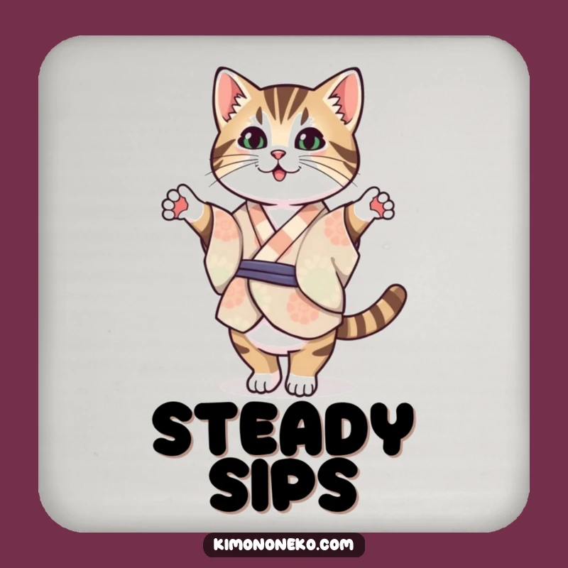 Funny Tabby Cat Kimono Coaster: Kawaii Balance - Hilarious Gift