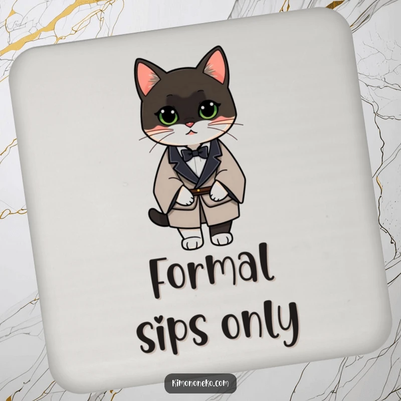 Funny Tuxedo Cat Coasters showcasing a distinguished cat in a formal kimono, providing elegant protection with a humorous twist.
