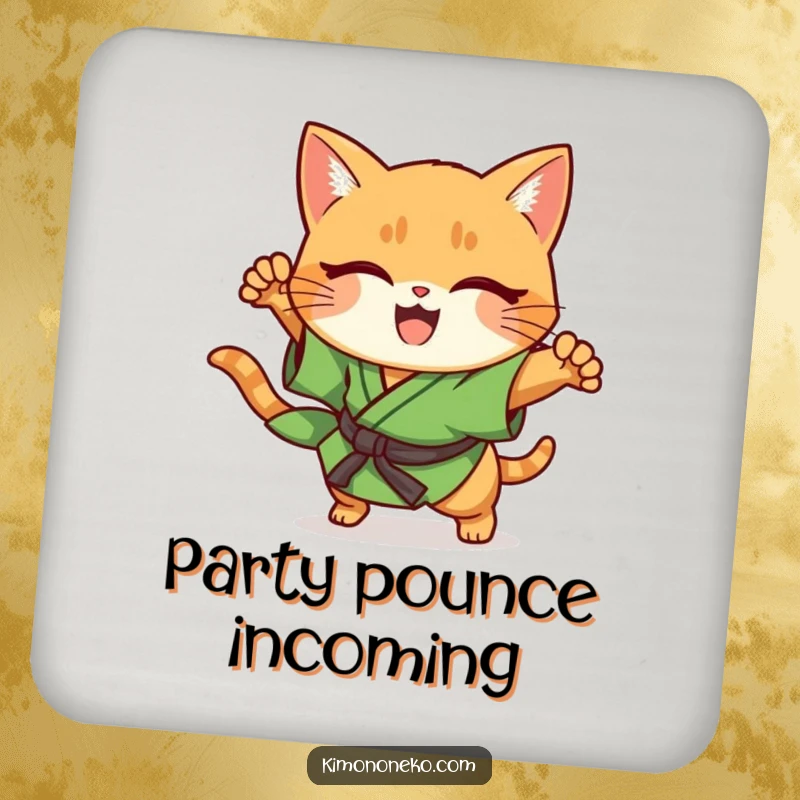 Funny ginger cat in green kimono, performing a sudden pounce, kawaii style coaster.