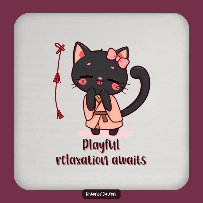 Funny Kawaii Black Cat Kimono Coaster Set: Playful Batting String Drink Protector Gift