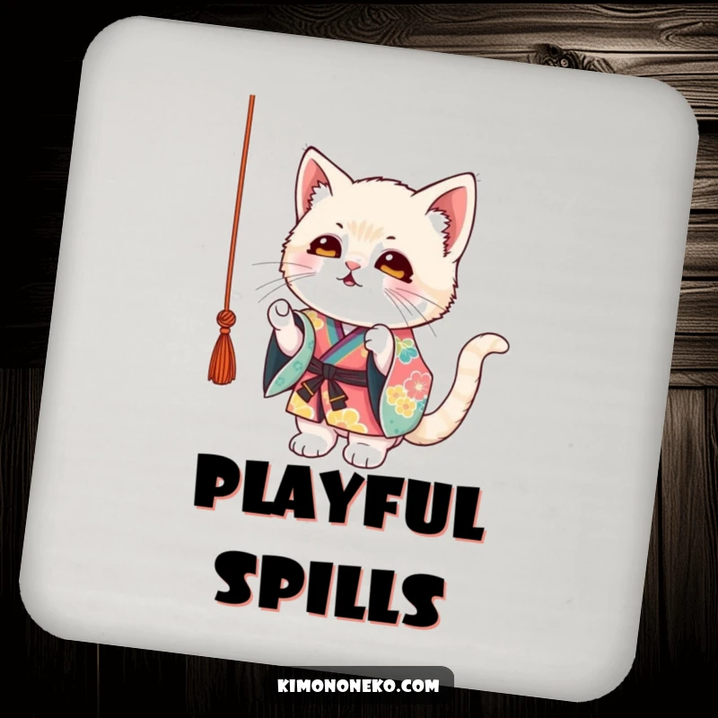 Funny Kitten Kimono Coaster: A mischievous kitten in a colorful kimono playfully batting at a dangling string, adding charm.