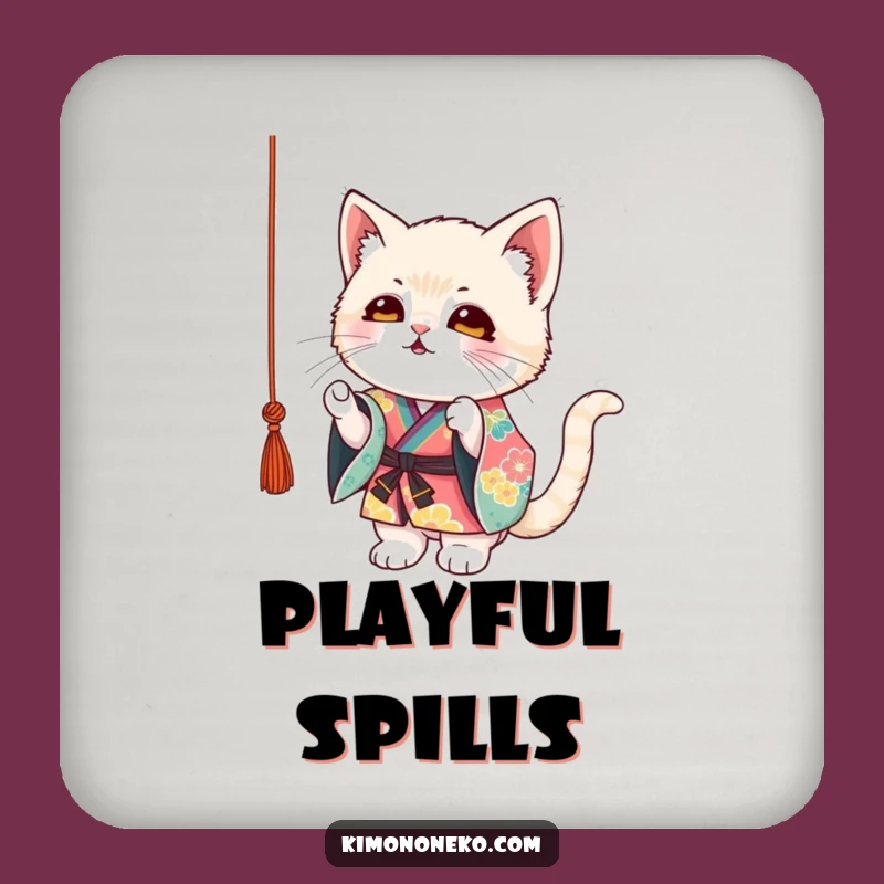 Add a touch of playful humor to your table with this funny coaster, featuring a kitten in a colorful kimono batting at string. Protects surfaces elegantly.