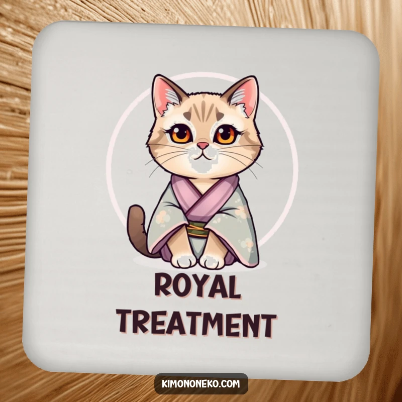 Funny drink coaster with a regal cat in a silk kimono sitting proudly, adding sophisticated and amusing charm.