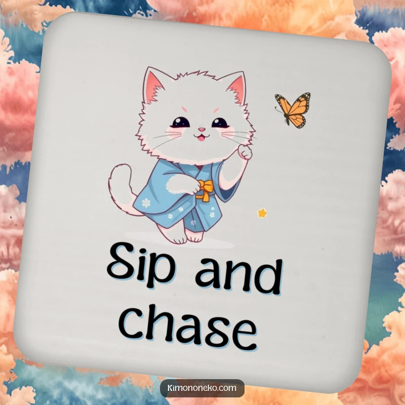 Funny fluffy white kawaii cat in a blue kimono playfully chasing a butterfly, a charming and humorous design for a drink coaster.