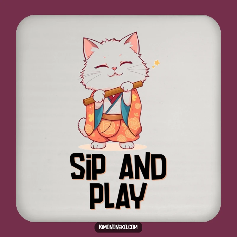 Funny White Cat Kimono Coaster: Musical Protection, Chic Home Accessory Gift