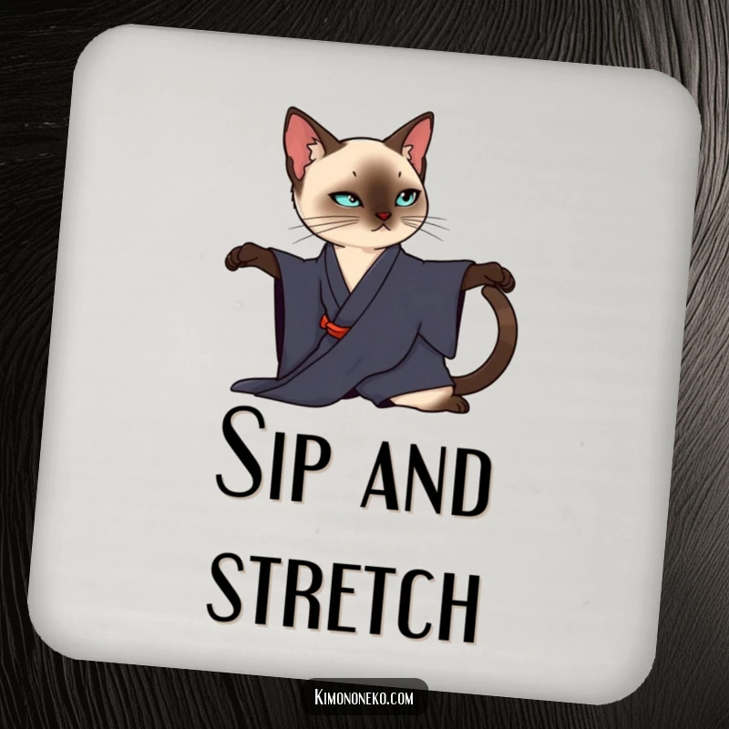 Funny Siamese Cat Coaster: A sleek Siamese cat in a dark kimono elegantly stretches, offering stylish surface protection.