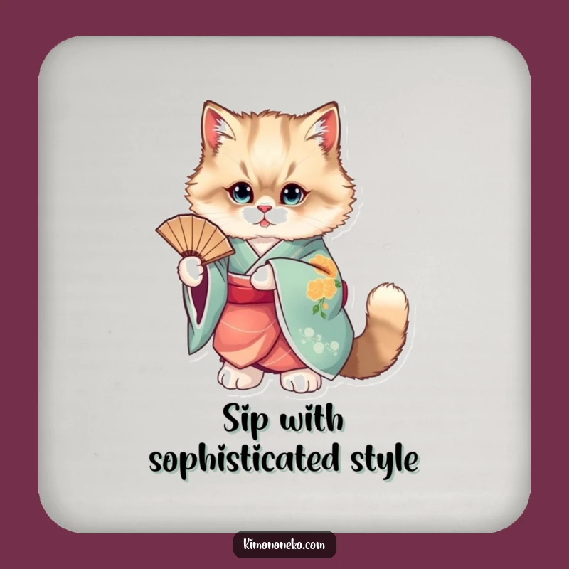 Keep your surfaces safe and add a touch of elegance with this funny coaster set! A cat in a kimono is simply charming.