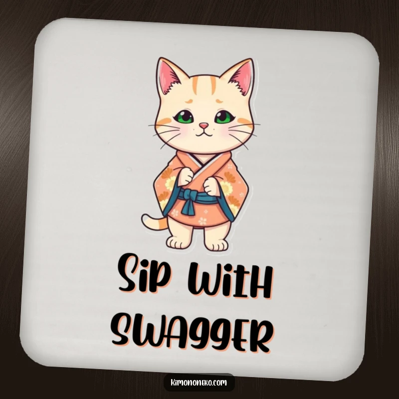 Funny Kawaii cat in a stylized kimono, striking a confident stance, protecting surfaces with flair and humor.