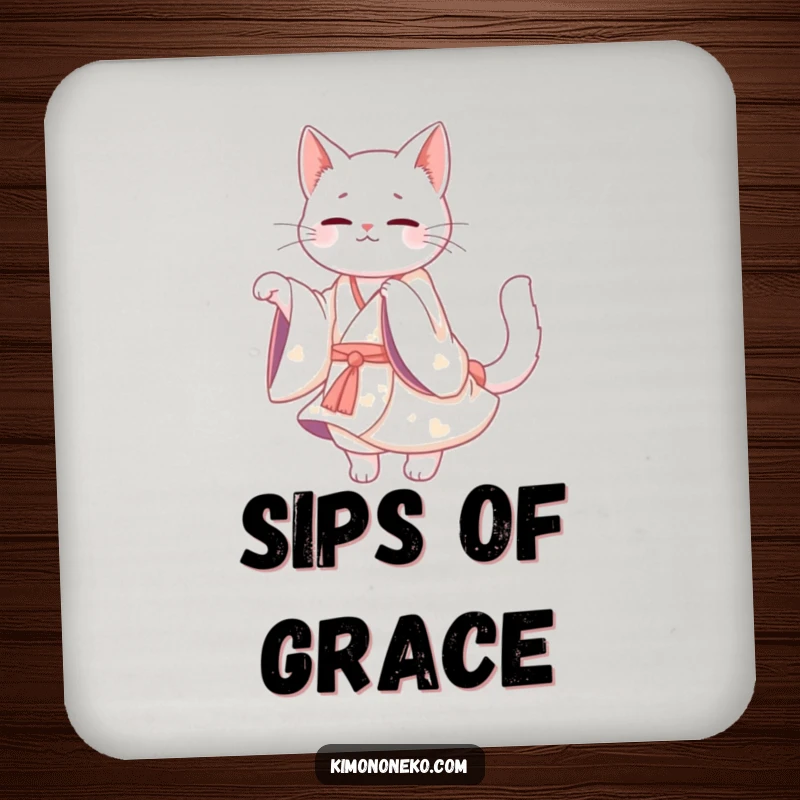 Funny White Cat Kimono Coaster: A Kawaii white cat in a flowing kimono twirling gracefully, adding humor to coasters.