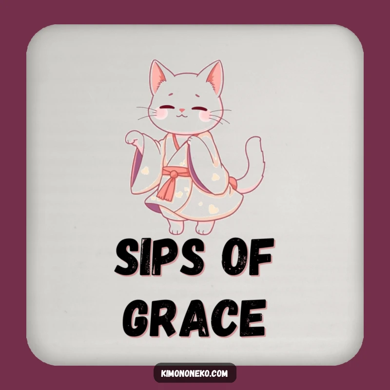 Funny White Cat Kimono Coaster: Graceful Kawaii Twirl - Hilarious Gift