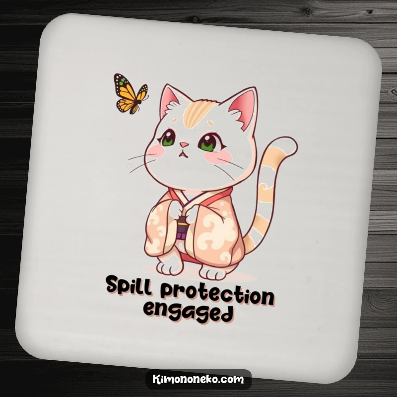 Funny drink coaster showing a surprised cat in a festive kimono, tail puffed high in astonishment at a fluttering butterfly, adding playful humor to your decor.
