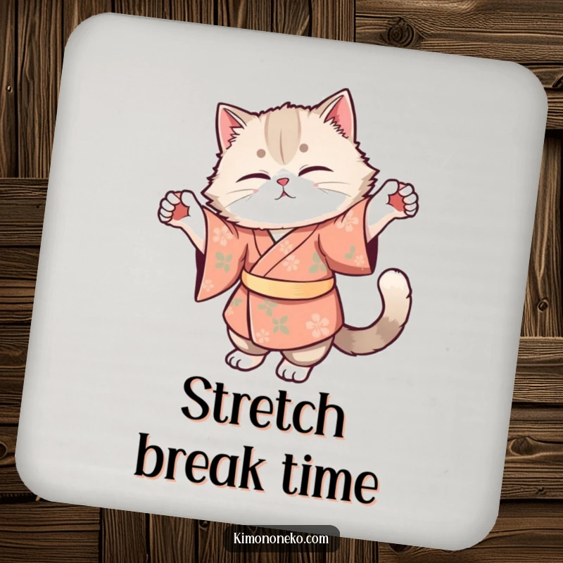 Funny drink coaster with a fluffy cat in a floral kimono doing a graceful stretch, adding serene humor to any surface.