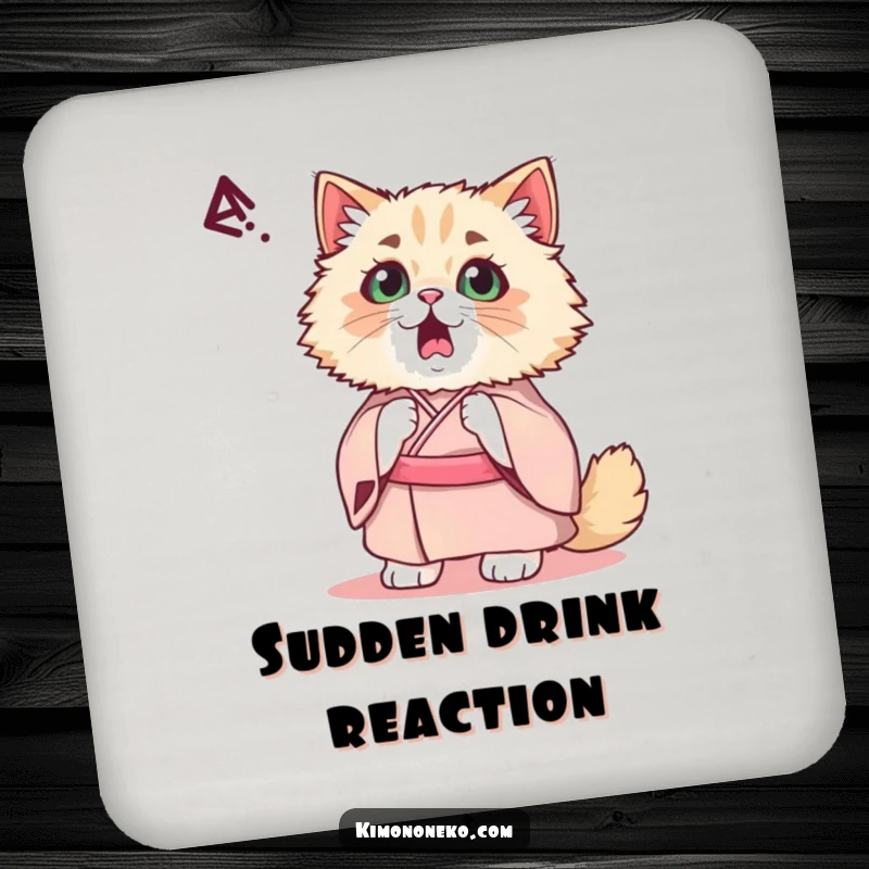 Funny Kawaii Persian Cat Coaster: A startled cat in a fancy kimono reacts with wide eyes, providing humor and surface protection.