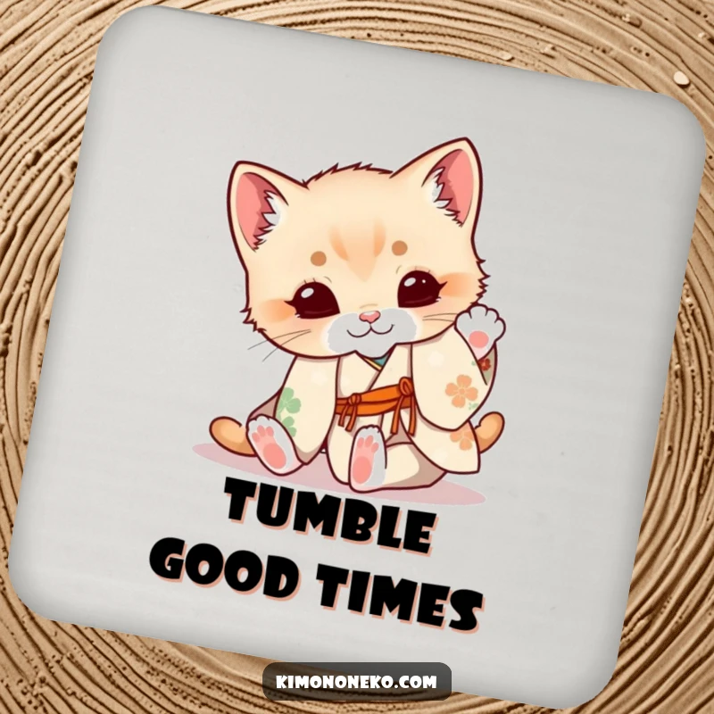 Funny Kitten Coaster: A cute kitten in a floral kimono playfully tumbles, offering protection with charming cuteness.
