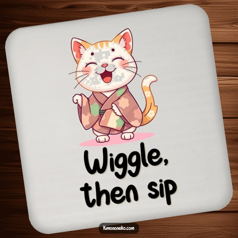 Funny happy cat in a colorful kimono wiggling its tail, design on drink coasters.
