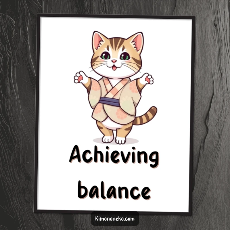 Funny Tabby Cat Kimono Poster: A Kawaii tabby cat in a patterned kimono balancing on its hind legs, humorous and inspiring wall art.