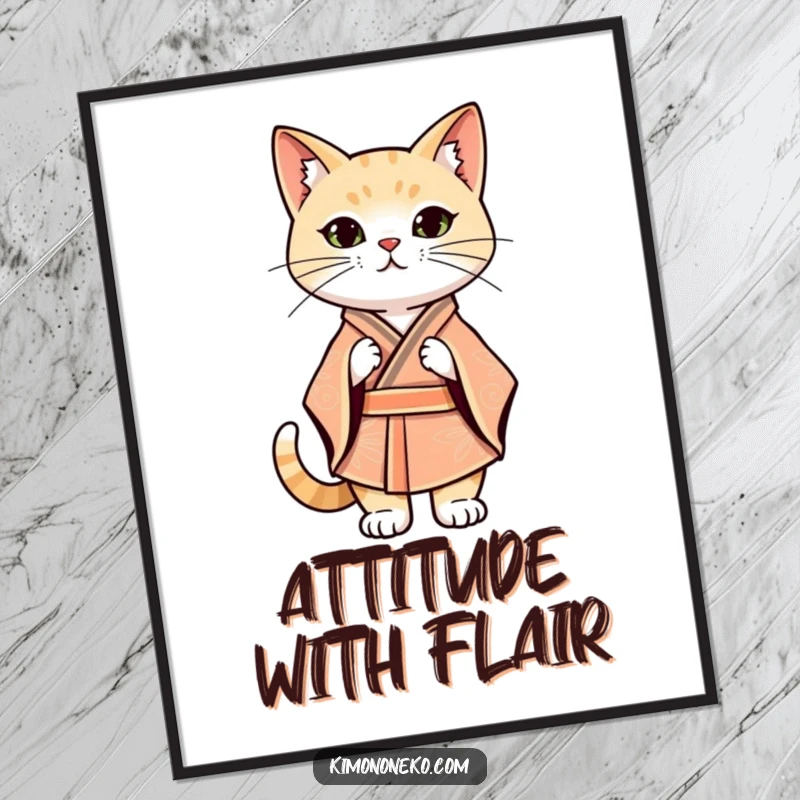 Funny Kawaii cat in a stylized kimono striking a confident stance, graphic wall art, modern illustration.