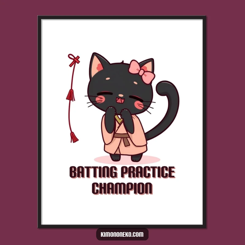 Funny Kawaii Black Cat Kimono Poster: Playful Batting String Wall Art, Cute Cat Decor Gift