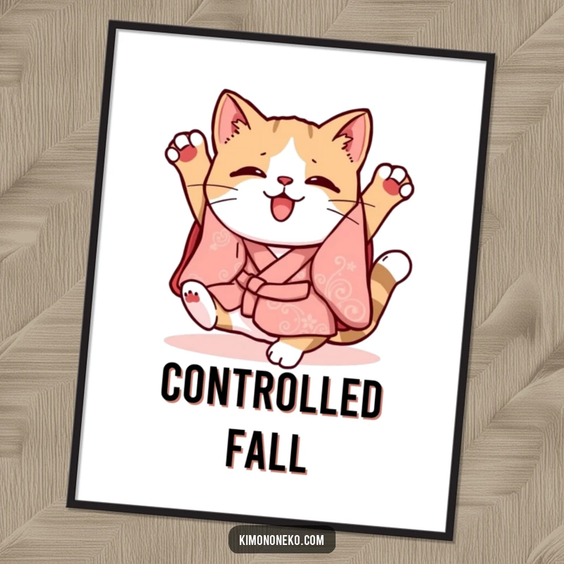 Funny Kawaii cat in a whimsical kimono doing a clumsy somersault, vibrant wall art, cartoon illustration.