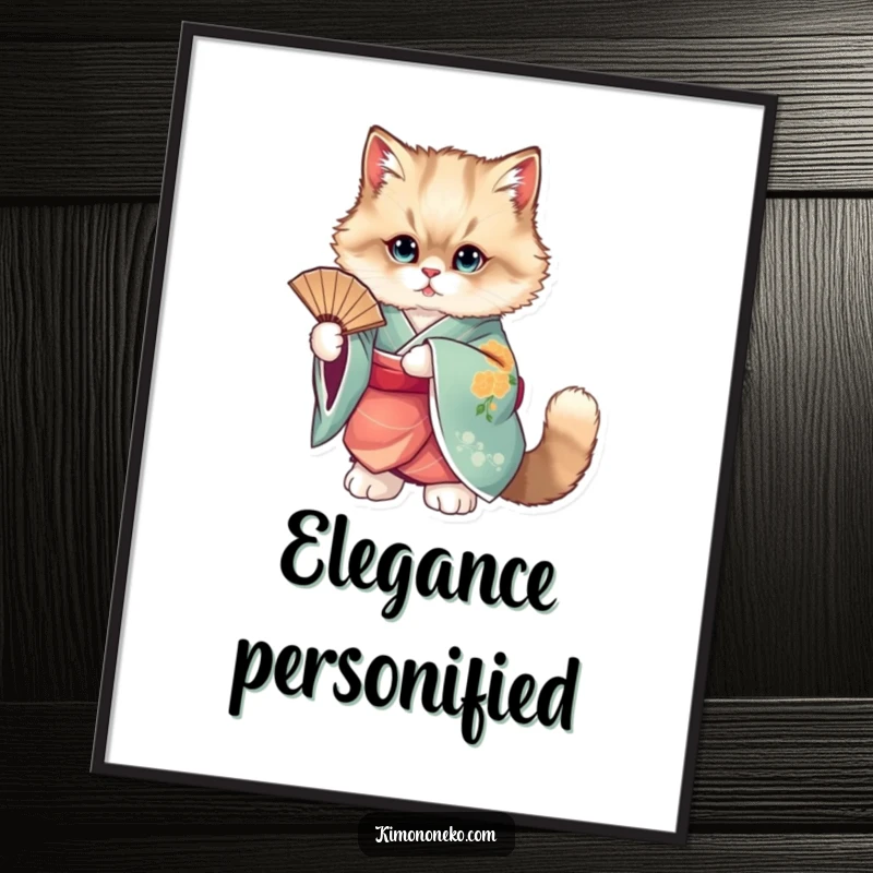 Funny poster print of a fluffy cat elegantly dressed in a vibrant kimono, holding a fan.