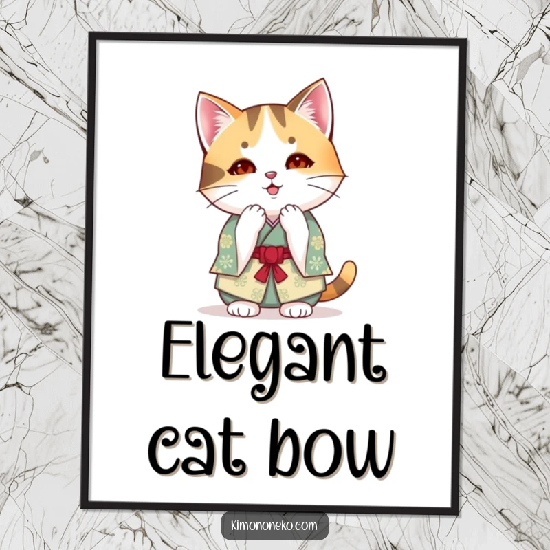 Funny kawaii calico cat in a festive kimono bowing on a poster, a humorous and polite anime artwork.