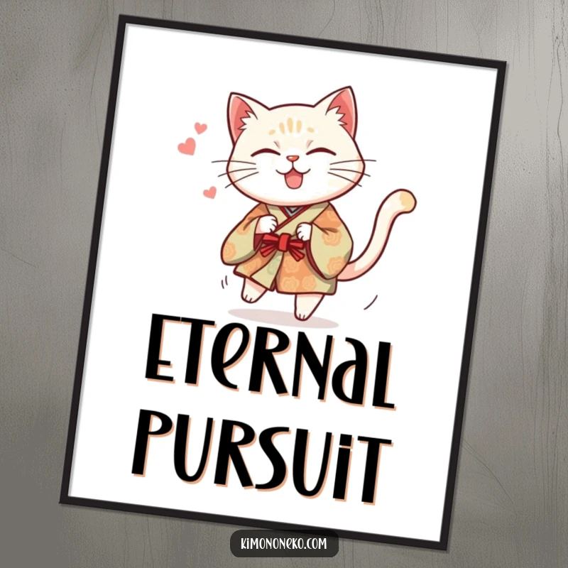 Funny poster art of a mischievous cat in a traditional kimono caught in a comical, dizzying spin chasing its tail.
