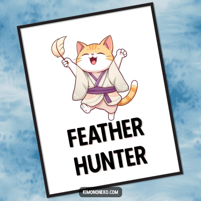 Funny poster print of a joyful cat in a kimono, leaping energetically to catch a floating feather, bringing playful humor and happiness to your decor.