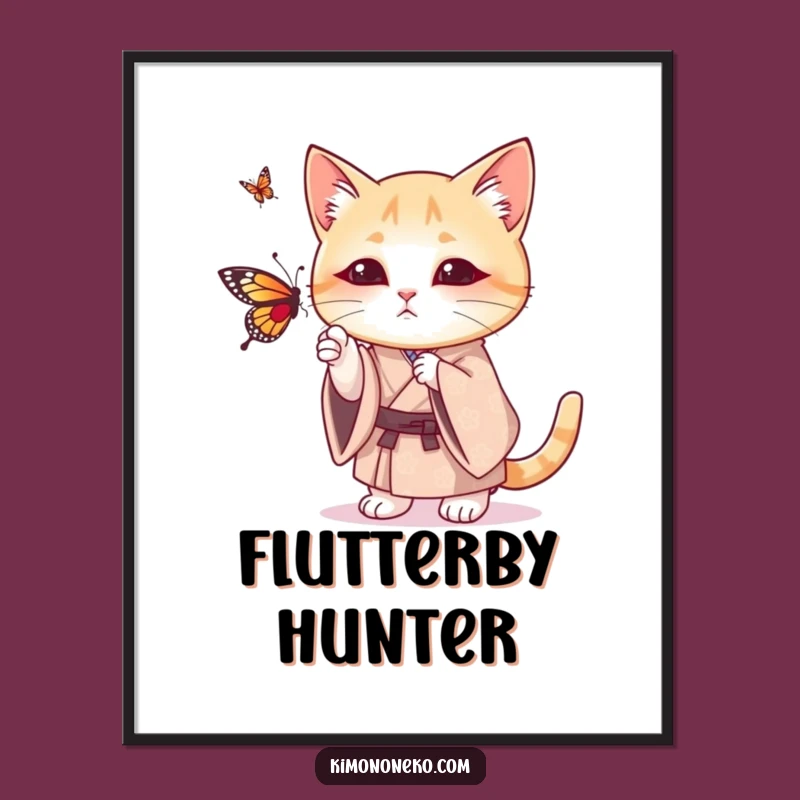 Funny Cat Kimono Poster: Playful Kitty Batting Butterfly - Whimsical Wall Art