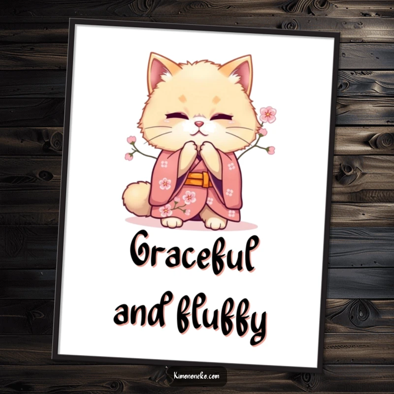 Funny bowing cat kimono poster art, showcasing a fluffy feline in traditional attire offering a graceful bow, adding elegance and humor to wall decor.