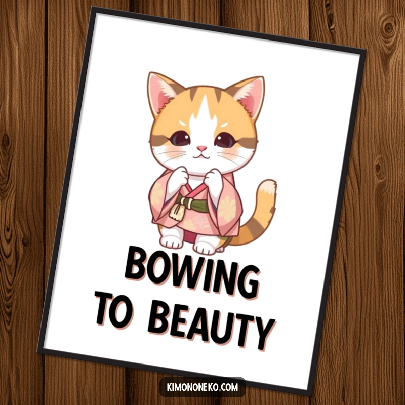 Funny Calico Cat Kimono Poster: A beautifully illustrated Kawaii cat in a festive kimono bowing, bringing humor to wall art.