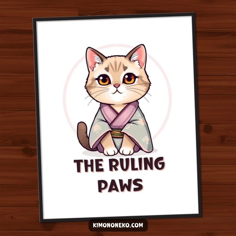 Funny poster art of a regal cat in a silk kimono sitting proudly, exuding sophisticated and amusing dignity.