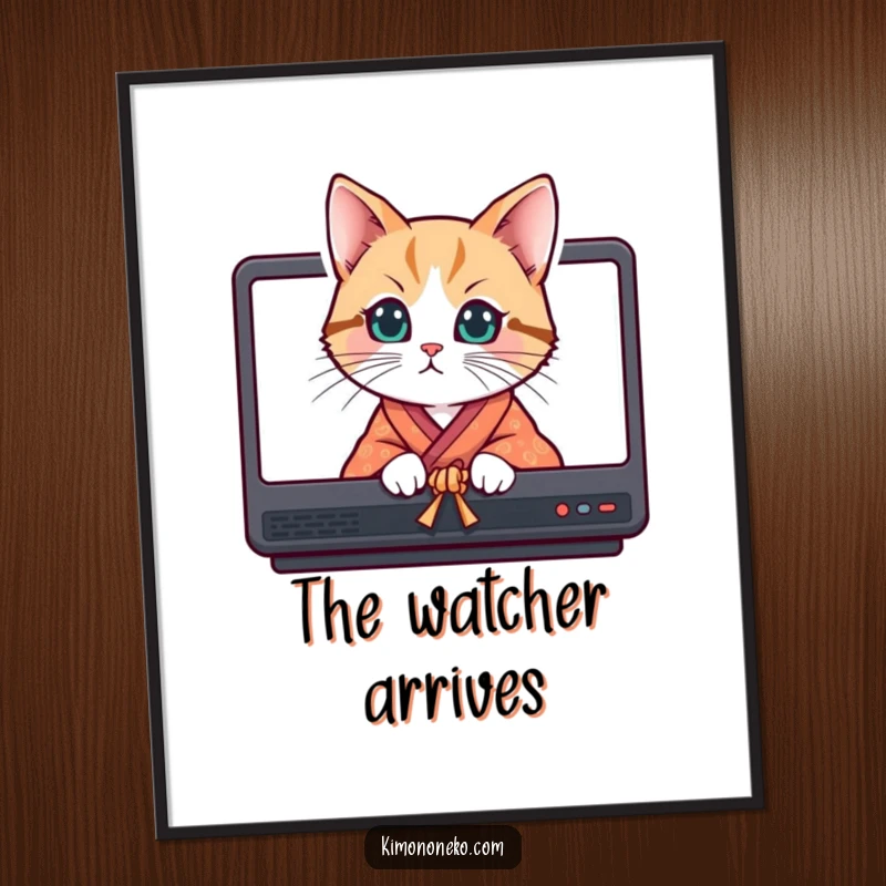 Funny curious cat in a bright kimono peeking from behind traditional screens, presented as a striking poster.