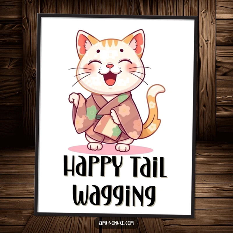 Funny happy cat in a colorful kimono wiggling its tail, presented as a vibrant poster.