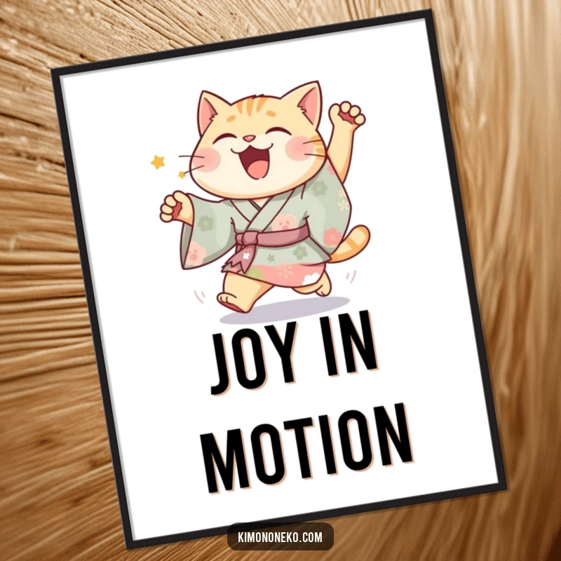 Funny Joyful Cat Kimono Poster displaying a happy cat in vibrant kimono in a silly chase, perfect for dynamic wall art.