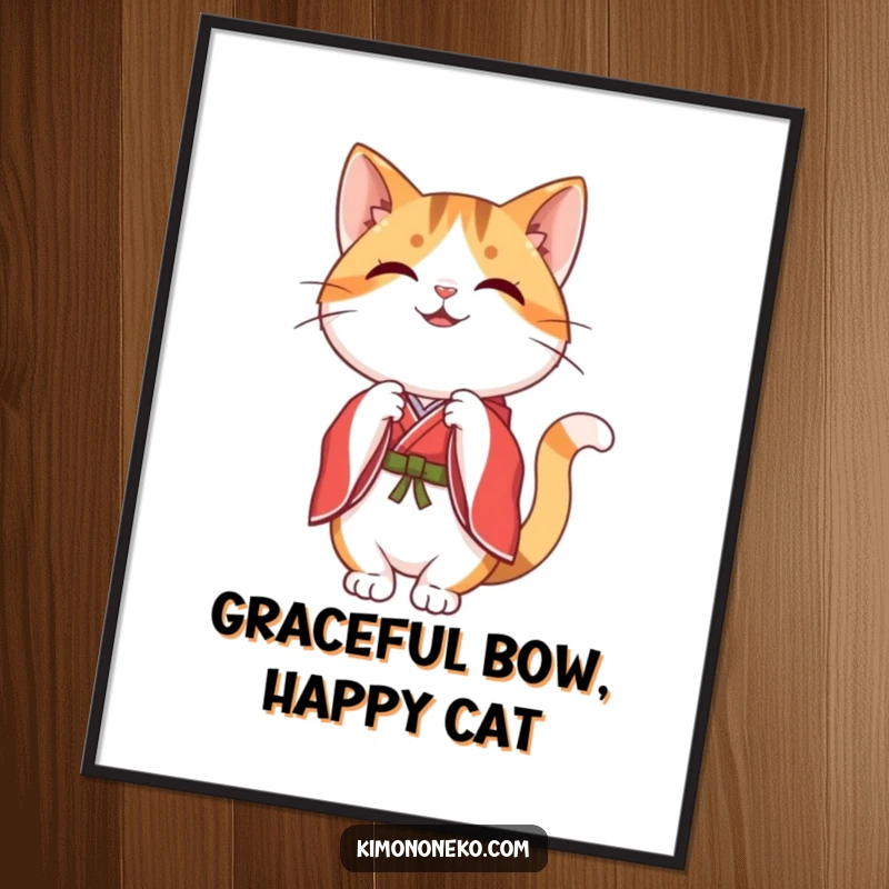 Funny happy kawaii calico cat in a red and white kimono, performing a graceful bow, as a charming art poster.
