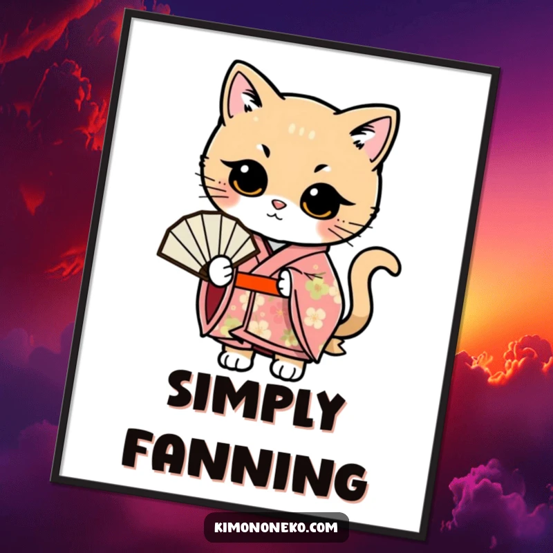 Funny Kawaii cat illustration in a floral kimono, posing with a fan, a humorous wall art print.