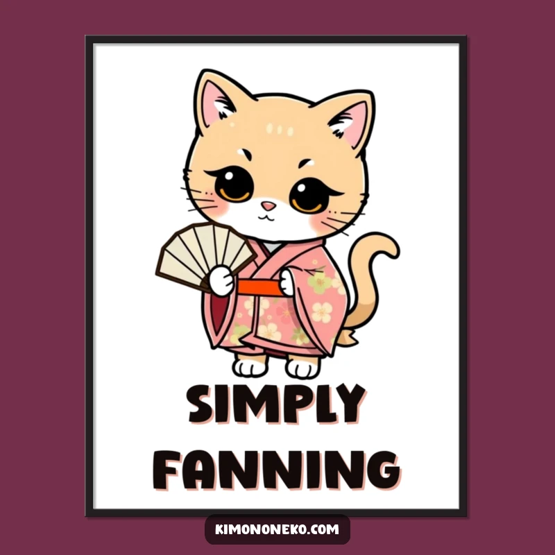 Funny Kawaii Cat Fan Poster: Floral Kimono Art, Ideal Funny Gift