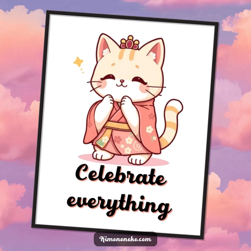 Funny Kawaii cat in a festive kimono, enthusiastically clapping its paws, vibrant art capturing the spirit of celebration.