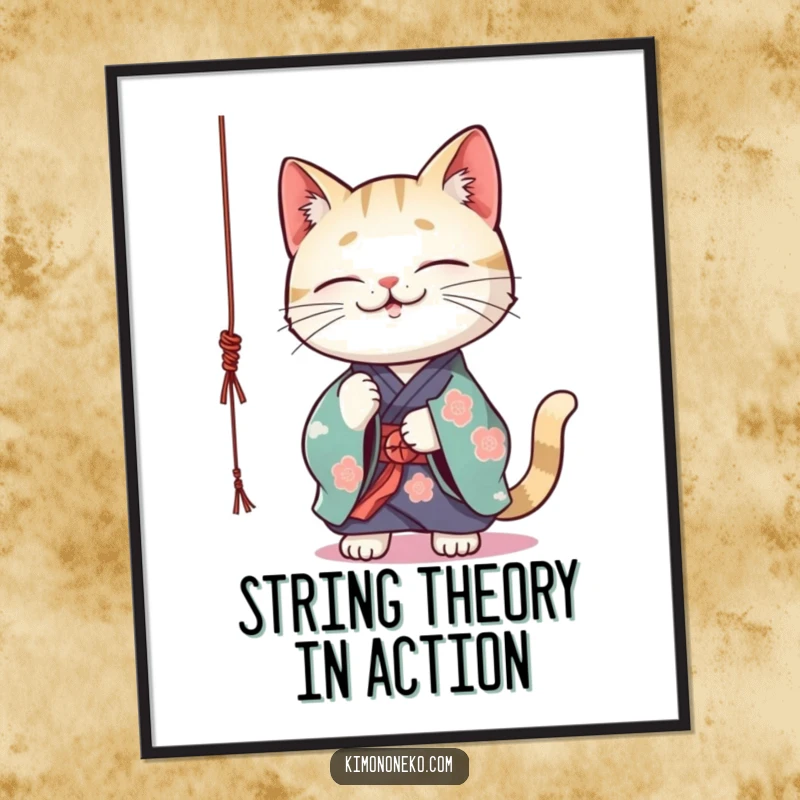 Funny Kawaii cat wearing a vibrant kimono playfully batting at a dangling string, colorful wall art, playful illustration.