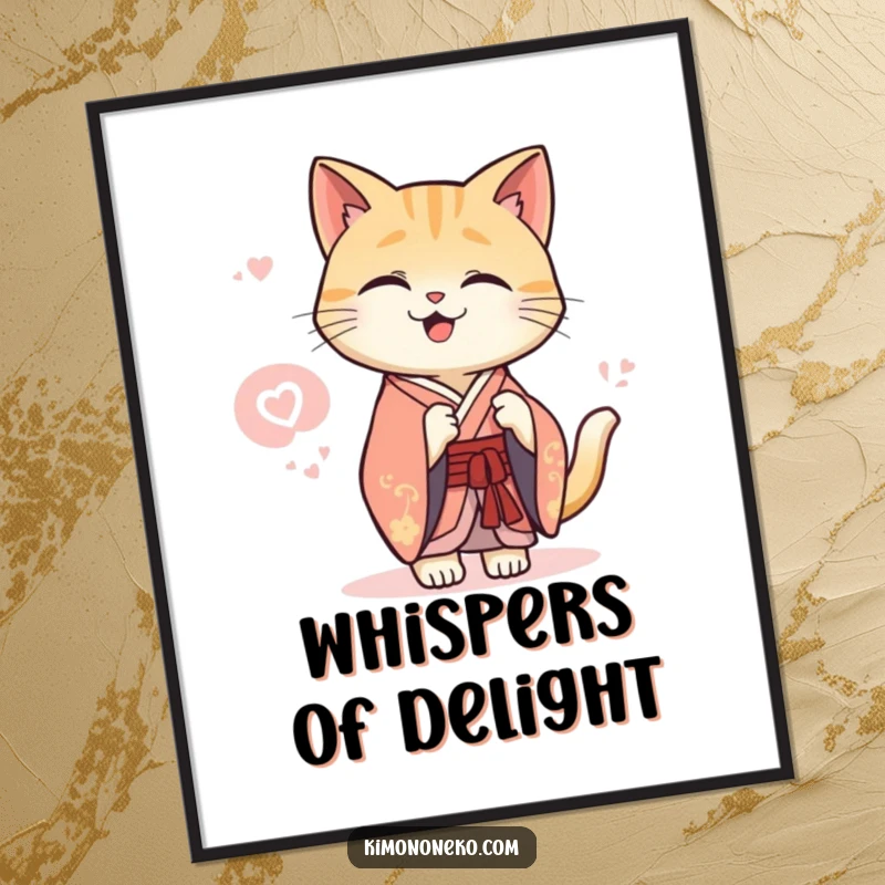 Funny Kawaii cat in an elegant kimono sharing a secret giggle, artistic wall decor, cute illustration.