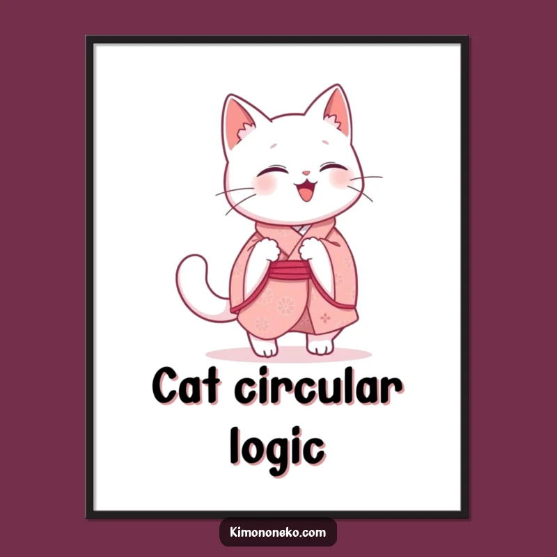 Funny Kawaii Cat Poster: Giggling White Kitty Chasing Tail Art