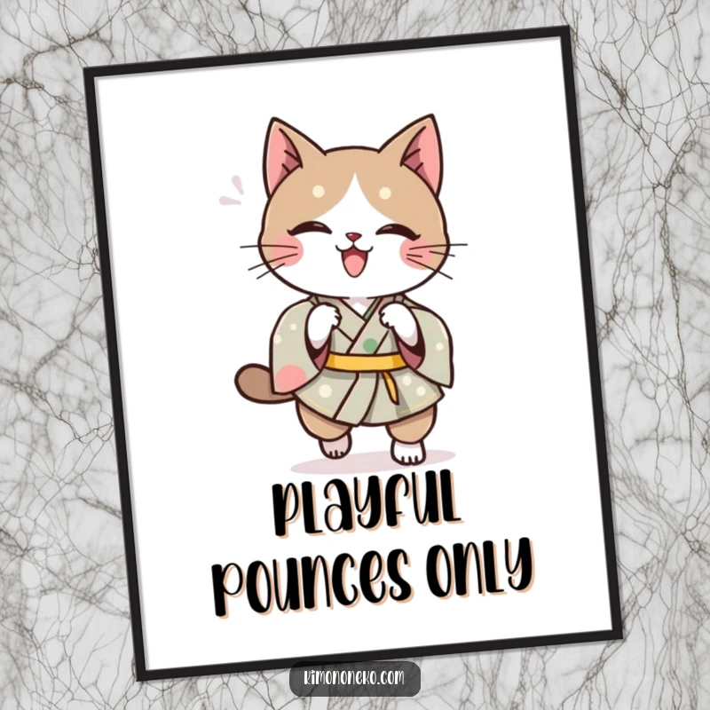 Funny Kawaii cat illustration in a traditional kimono, doing a playful pounce, a humorous wall art print.