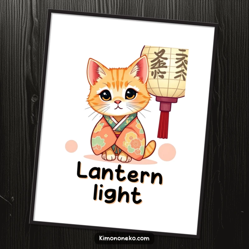 Funny poster art of a kawaii ginger cat in a vibrant kimono, curiously peeking from behind a paper lantern, adding charming intrigue.