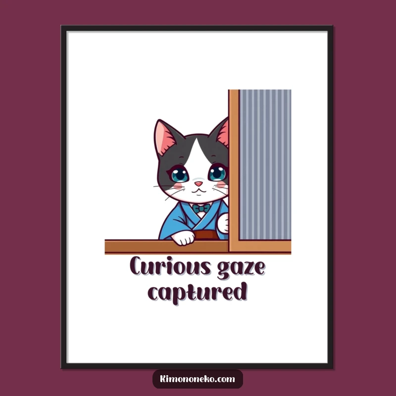 Funny Kawaii Tuxedo Cat Poster - Curious Peek Kimono Art