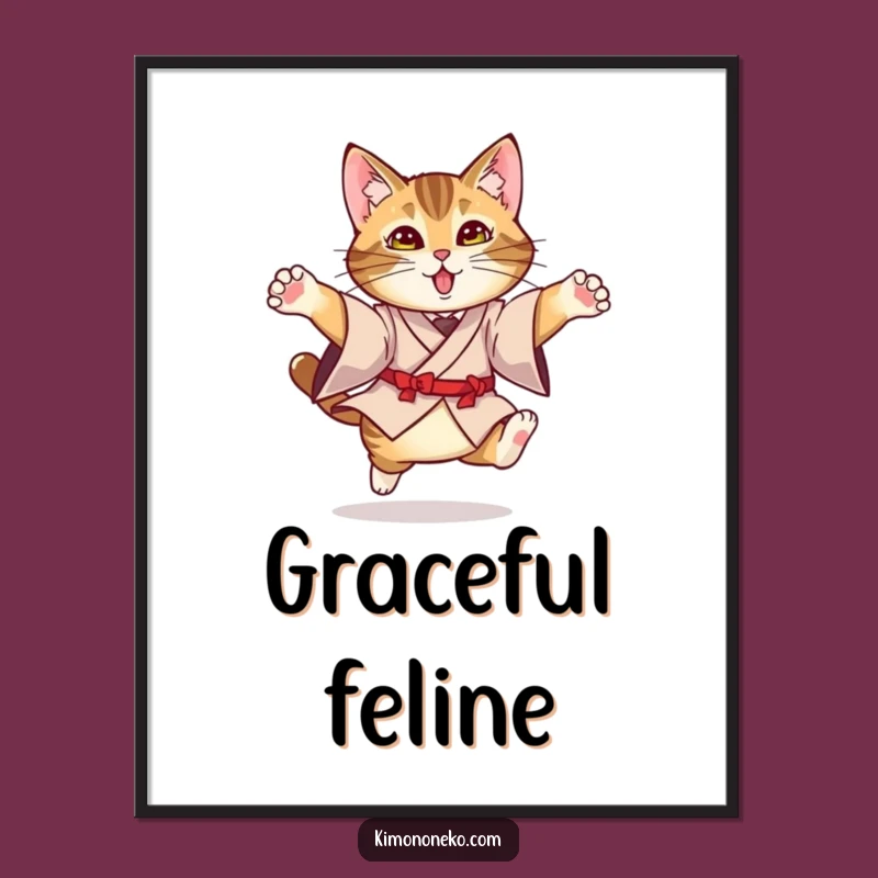 Funny Kimono Cat Poster: Graceful Tabby Performing a Funny Leap Art