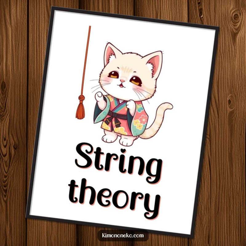 Funny Kitten Kimono Poster: A mischievous kitten in a colorful kimono playfully batting at a dangling string, charming wall art.